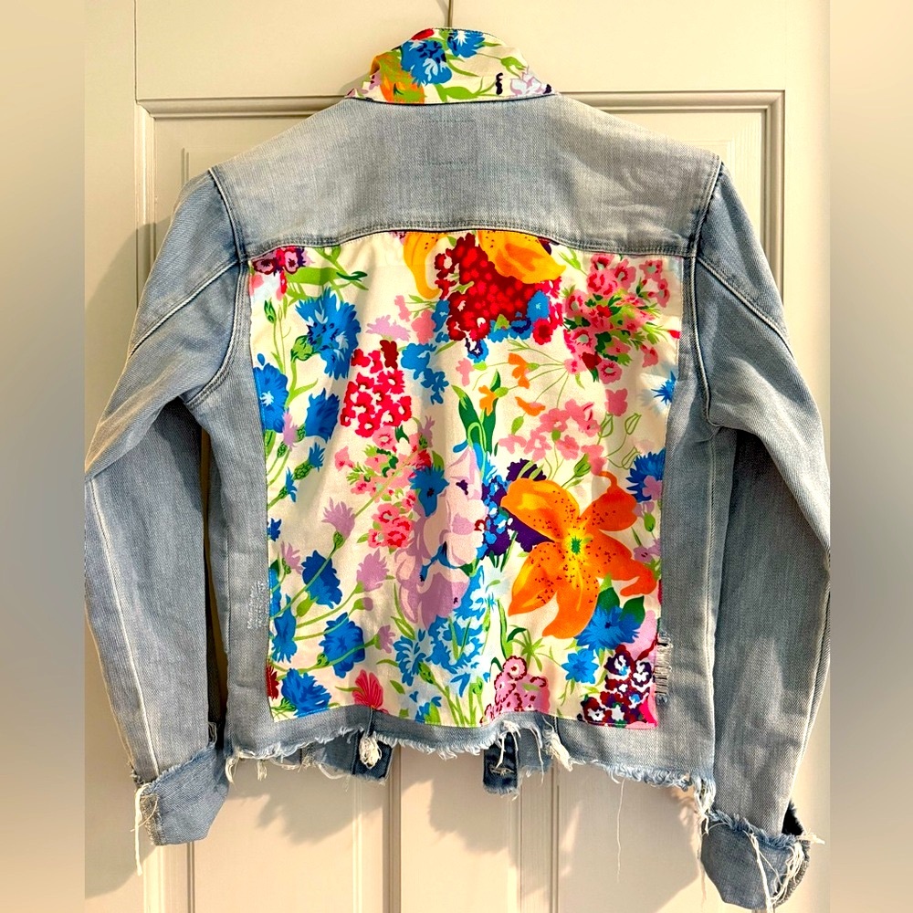 Stacy Bradley Light Blue Denim Jacket with Floral Collar & Back